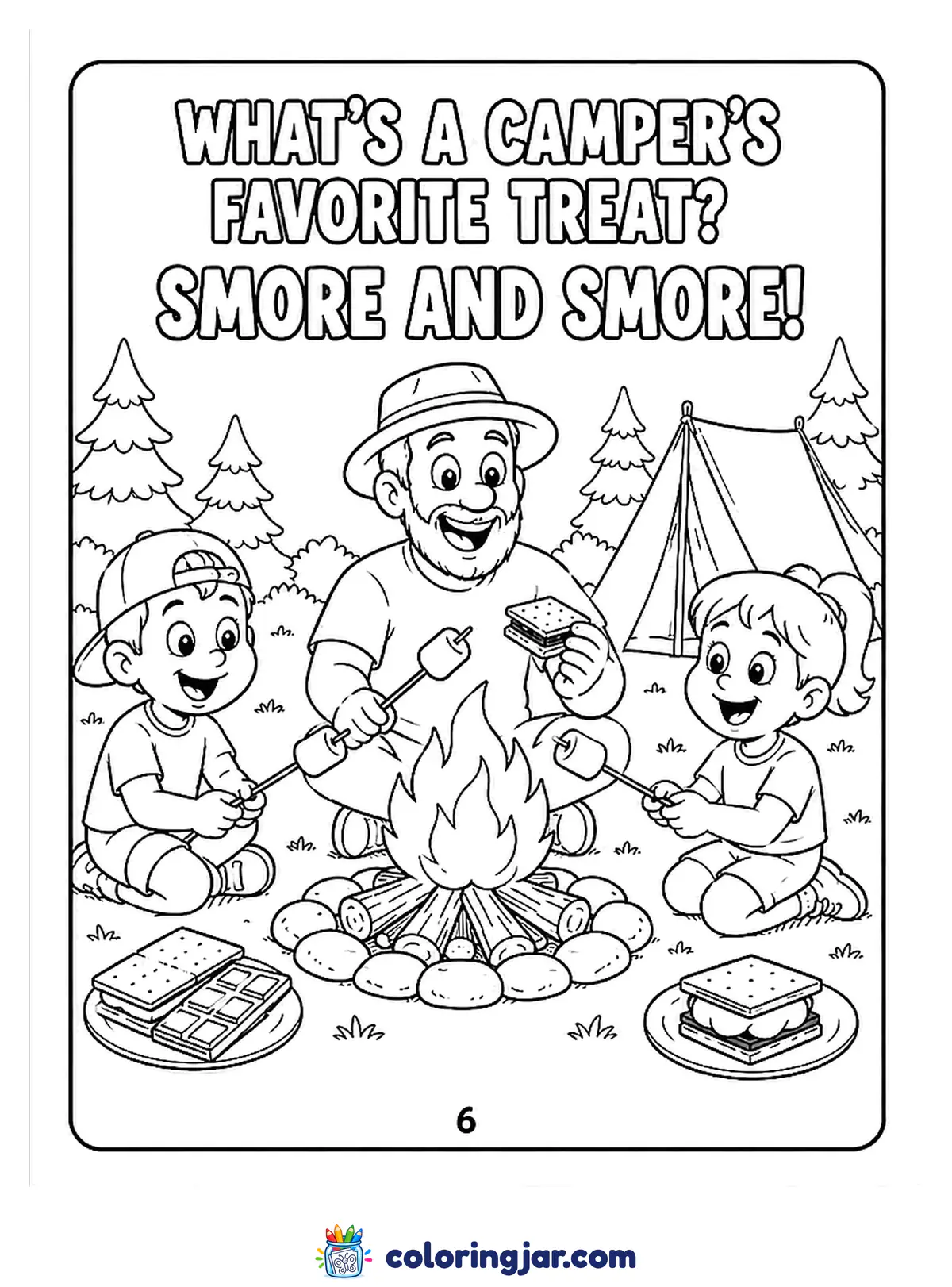 Printable camping jokes for kids coloring page of a dad and two kids toasting marshmallows for s'mores around the campfire, with the joke "What's a camper's favorite treat? S'more and s'more!"