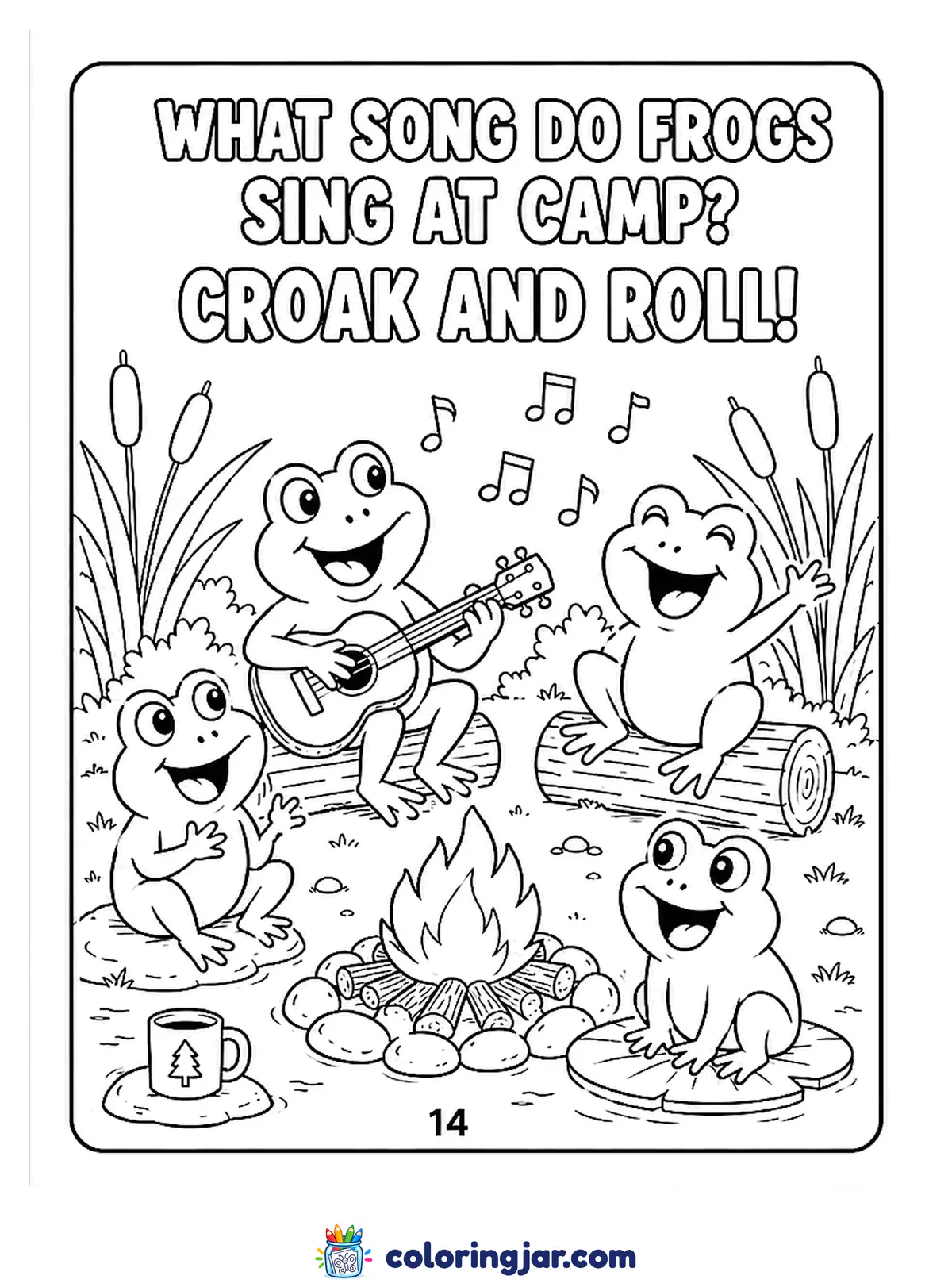 Printable funny coloring page of four happy frogs by a pond campfire, one playing guitar while the others sing along, with the joke "What song do frogs sing at camp? Croak and roll!"
