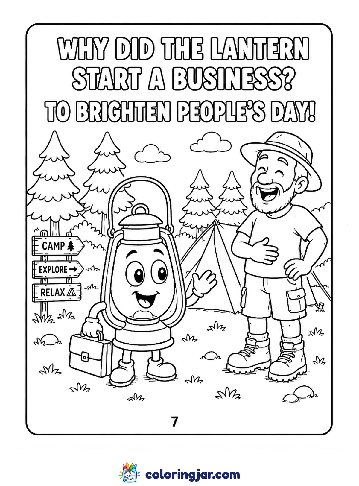 Printable funny coloring page of a cheerful cartoon lantern with a briefcase standing beside a laughing camper, with the joke "Why did the lantern start a business? To brighten people's day!"