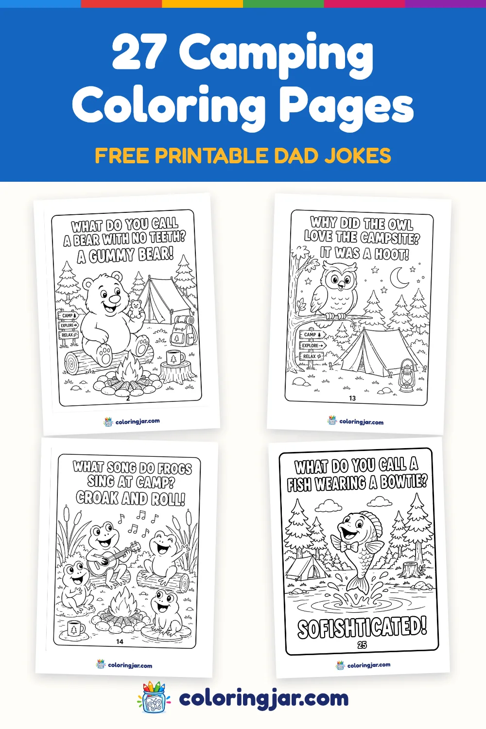 Pinnable image for Camping Coloring Pages (27 Free Printable Dad Jokes!) from Coloring Jar