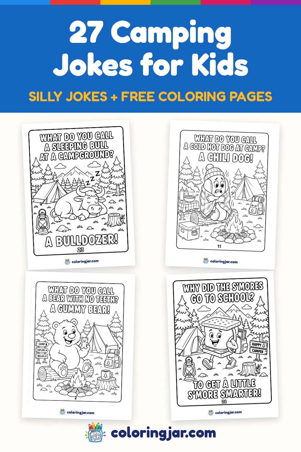 Pinnable image for Camping Jokes for Kids (27 Silly Dad Jokes!) from Coloring Jar