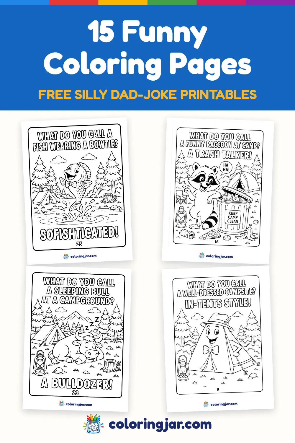 Pinnable image for Funny Coloring Pages (15 Silly Printables for Kids & Adults) from Coloring Jar